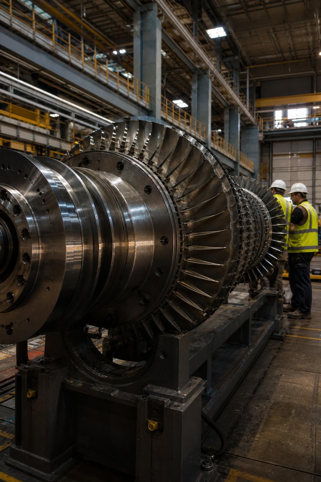 Engineers performing maintenance on an industrial gas turbine